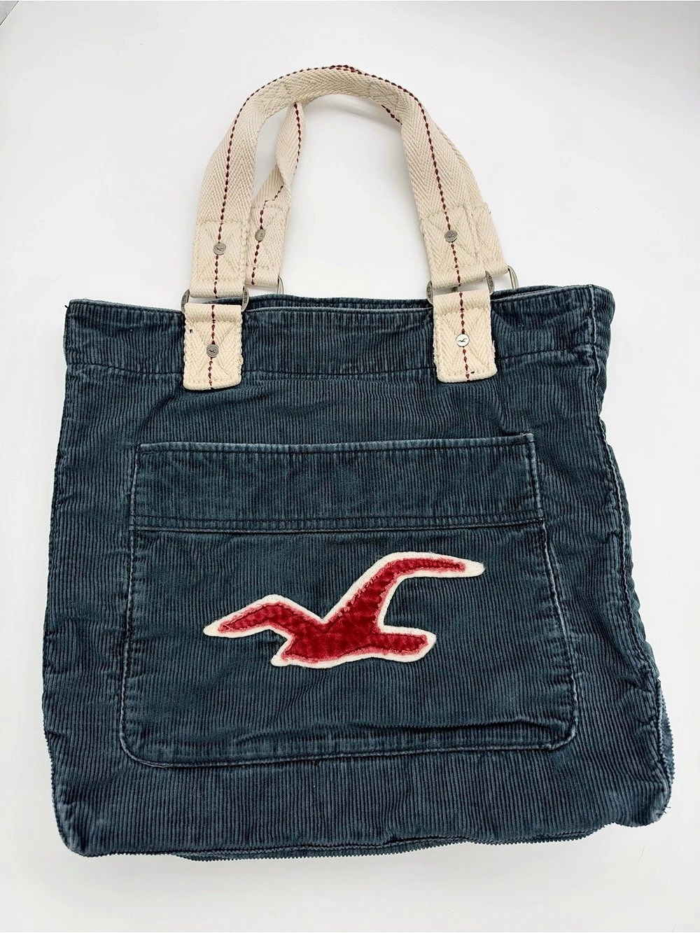 Hollister Vintage Y2K Navy Corduroy Tote Bag Big Seagull Logo